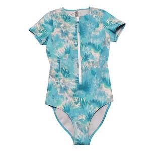 Calme by Johnny Was Neoprene One Piece Swimsuit XS Blue Marble Short Sleeve